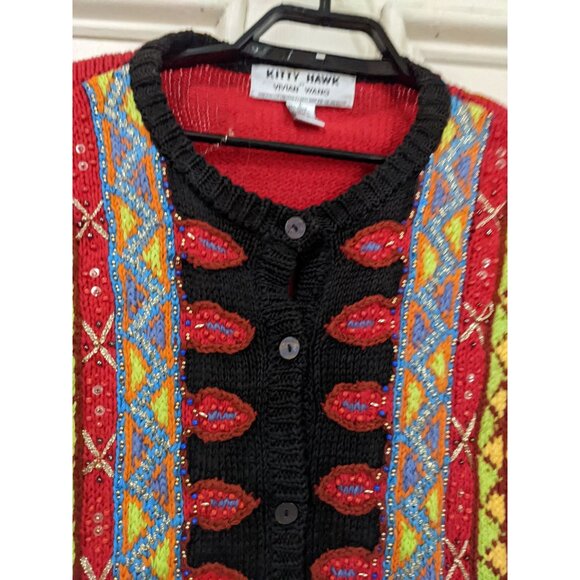 Kitty Hawk By Vivian Wang Colorful Knit Cardigan Sweater Red/Black Beaded Button - Picture 4 of 7